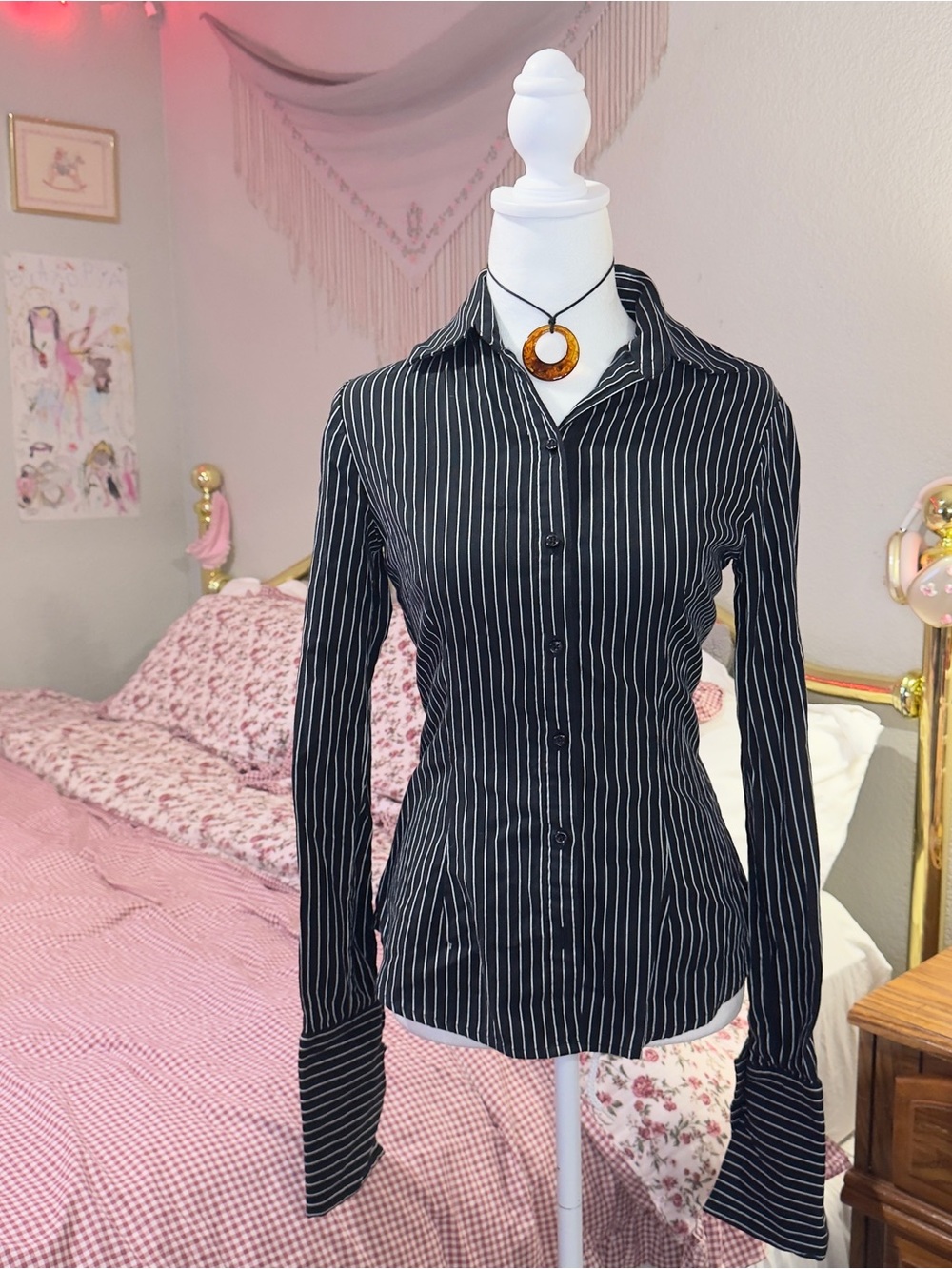 Y2K Office Siren Black Pinstripe Button-Down Women's Shirt